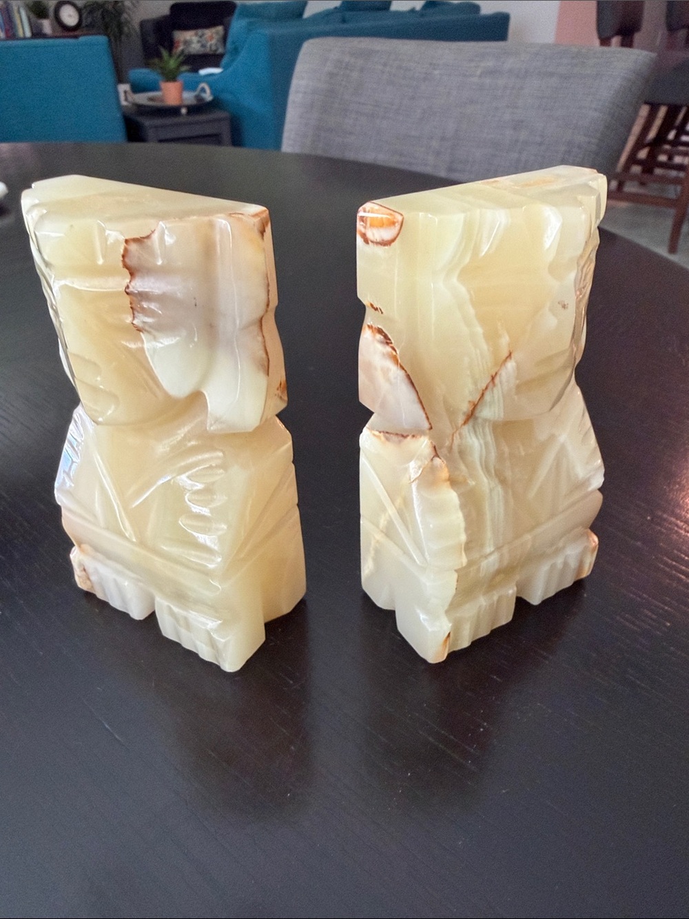 Vintage Mexican Cream Onyx Carved Decorative Bookends - Home Accents